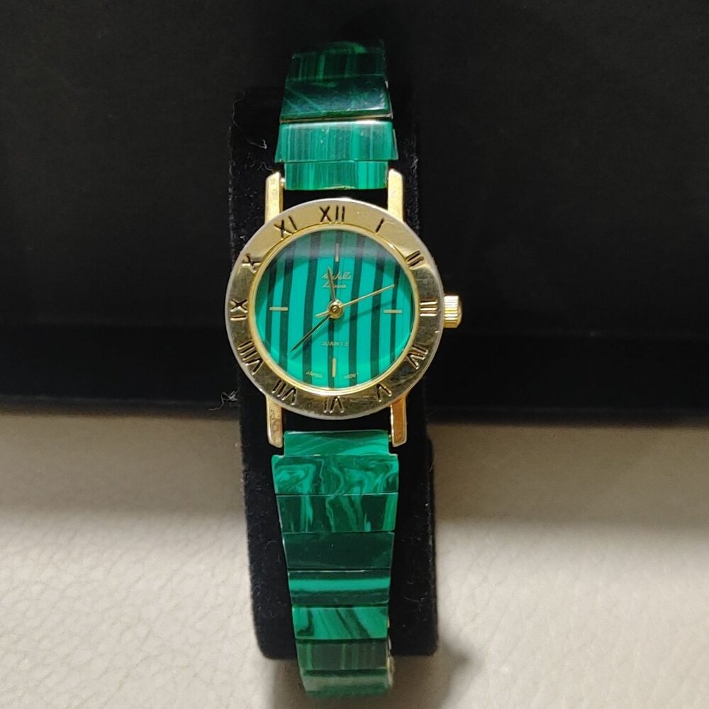 Michelle Louise Wristwatch Malachite Vintage Style Roman Numeral Gold Tone Bezel